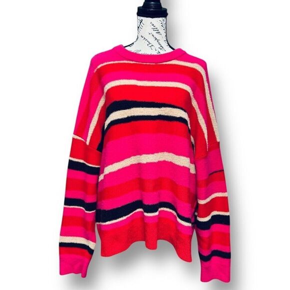 Diane von Furstenberg XL Wool Sweater Red Pink Stripe Crewneck Knit Fall Winter - Picture 2 of 9